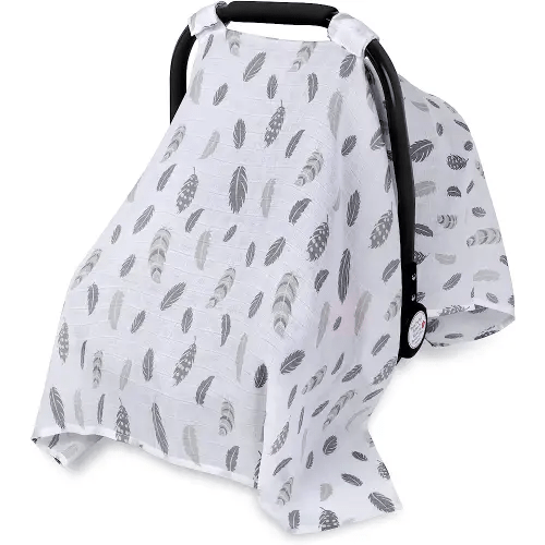 Rquite Car Seat Covers for Babies, 100% Muslin Carseat Cover Boys Girls, Lightweight Infant Car Seat Canopy, Soft Breathable Baby Carrier Cover, Summer Stroller Cover (Feather)