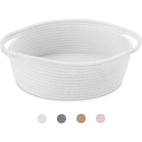 ABenkle Cute Small Woven Basket with Handles, 12"x 8" x 5" Rope Room Shelf Storage Basket Chest Box for Cat and Dog Toys, Empty Decorative Gift - White