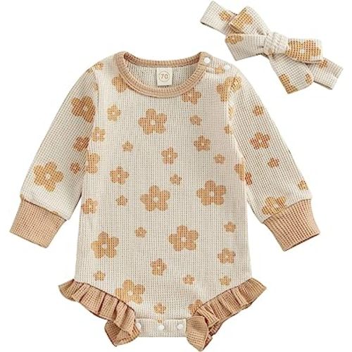 MERSARIPHY Infant Baby Girl Romper Baby Sweatshirt Romper Long Sleeve Waffle Floral Bodysuit with Headband Fall Winter Outfit