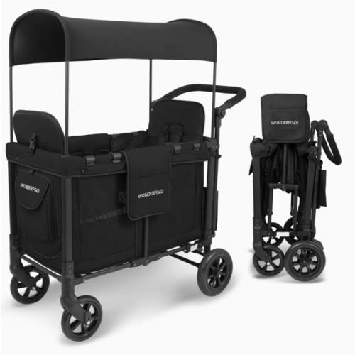 Wonderfold Stroller Wagon, Collapsible Wagon with 2 Seats, 5-Point Harnesses, Easy Access Zipper Door, and Removable Sun Canopy, Black