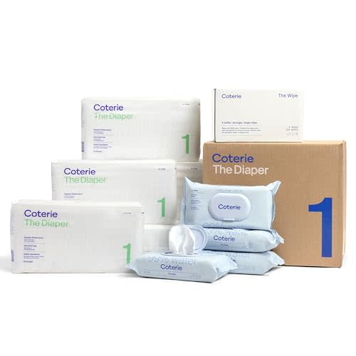 Coterie Baby Diapers + Wipes Baby Kit, Size 1 (8-12 lbs) 198 Count + 4 Wipe Packs (224 Wipes) Made with Plant-Based Fibers, Hypoallergenic, Designed for Sensitive Skin, Clean Ingredients