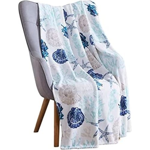 Ocean Life Coastal Throw Blanket: Soft Plush Velvet Fleece Calming Hues of Blues Beige on White, Accent for Sofa Couch Chair Bed or Dorm (Coastal Shells)