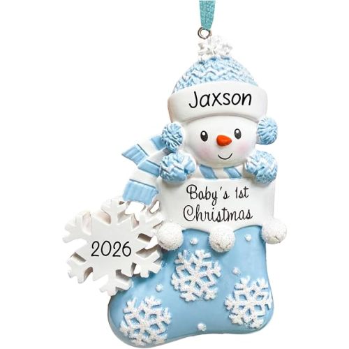 Personalized My Baby's First Christmas Ornament 2026 | Custom Blue Stocking Snowbaby Boy Xmas Tree Decoration – Newborn Son New Grandbaby 1st Year Xmas Keepsake
