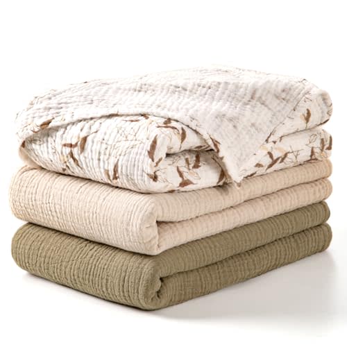 lulumoon Muslin Swaddle Blankets for Baby: Lightweight & Breathable Receiving Blankets for Hospital - Neutral Registry Gift for Newborn 3pack (Olive Branches)