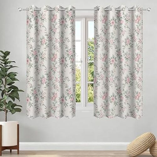Pink Floral Blackout Curtains for Bedroom Living Room, Vintage Rose Flower Botanical Window Curtains, Soft Polyester Darkening Drapes with Grommets, 2 Panels Set 52x63 Inch