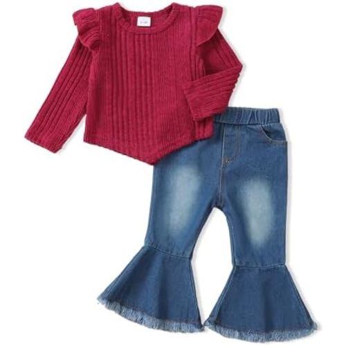 SUNNY PIGGY Baby Girl Newborn Clothes Infant Toddler Outfits Flare Jeans Overall Pant Set Fall Winter 0-4T
