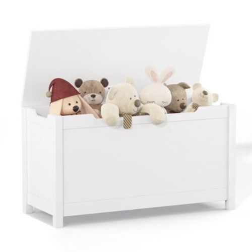 ChicFurnit Decorative Storage Cabinet Kids Wooden Toy Box with Safety Hinged Lid for Playroom, White, 31.5"*13"*16.7"
