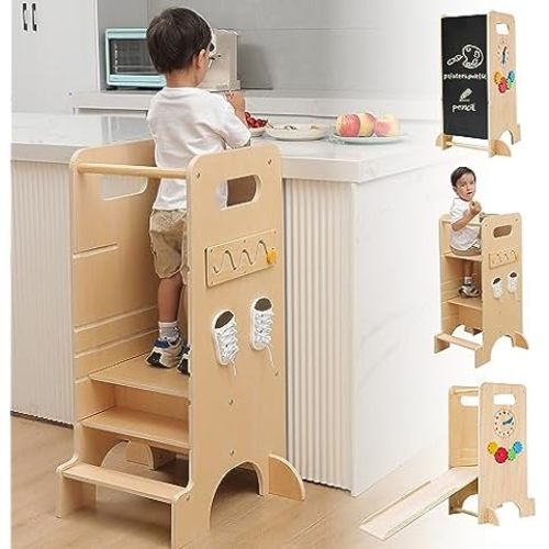 Collapsible Toddler Kitchen Step Stool With Chalkboard, Safety Rail, and Standing Tower for Kids 1-3