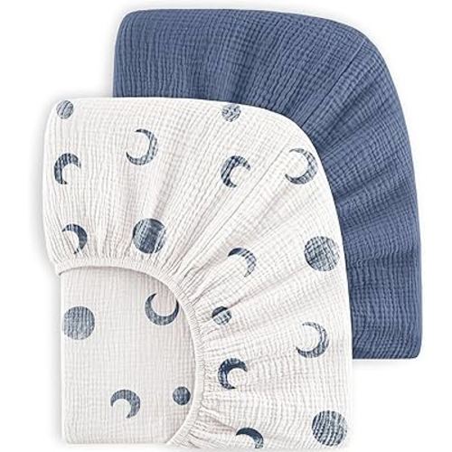 Bearmoss Muslin Crib Sheets 100% Cotton Baby Crib Sheets Soft&Breathable Nursery Sheet 52"x28" for Standard Crib Mattress&Toddler Bed Mattress - 2 Pack (Blue Crescent)