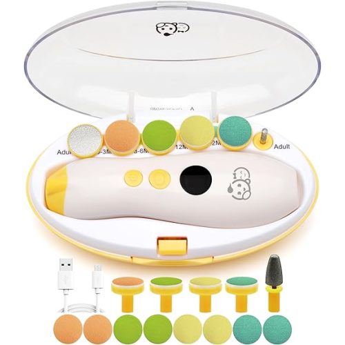 Rechargeable 22 in 1 Baby Nail Trimmer, Usage Labeled Case, 13 Extra Replacement Tools, Royal Angels Electric Nail File with LCD Display, Newborn Toddler Nail Care Clipper Kit (Rechargeable, Mango)