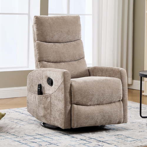 HSUNNS 360° Swivel Rocker Recliner Chair with Heat Massage, Chenille Manual Single Rocker Sofa Recliner Chair with Side Pockets for Living Room Home Theater, Khaki