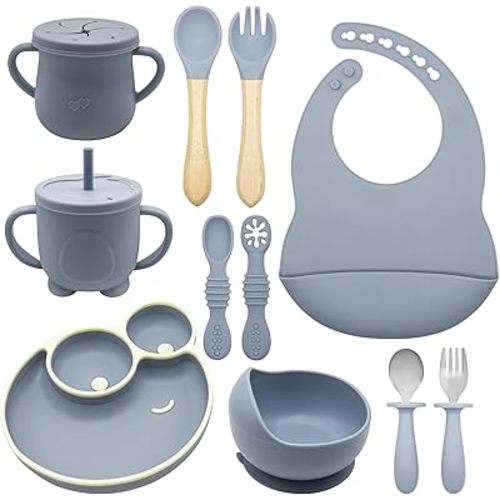 Silicone Baby Feeding Set 11pcs,Baby Led Weaning Supplies,Suction Bowl Divided Plate, Toddler Cup,Baby Spoons Forks with Baby Snack Container-6+ Months (grey)