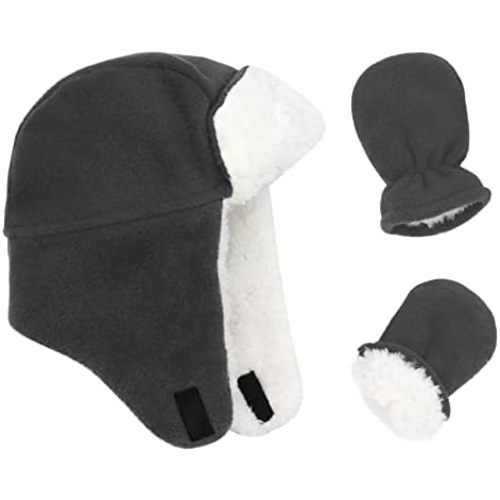 Baby Winter Hat Sherpa Toddler Boy Trapper Hats and Mittens Set Warm Fleece Infant Beanie Gloves