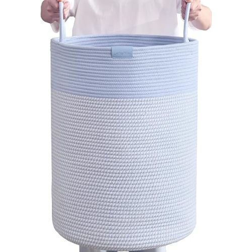 80L Extra Large Blue Laundry Hamper Basket, Tall Woven Hamper for Bedroom, Cotton Rope Laundry Basket for Clothes, 16x22 Inches