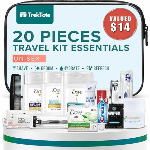 TrekTote 20 Piece Unisex Travel Hygiene Kit with Toiletries & Personal Care Essentials, TSA-Compliant, Individual and Bulk Packs Available