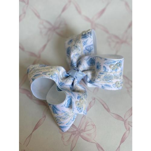 French Blue Toile ribbon with pearl bows