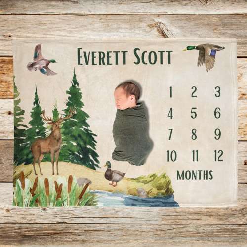 Duck Hunting Milestone Blanket Baby, Personalized Deer Hunting Baby Boy Name Blanket, Babys First Days, Growth Tracker, Newborn Shower Gift