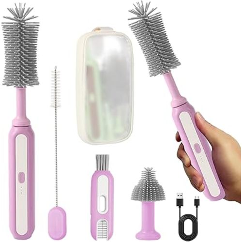 Electric Baby Bottle Brush Cleaner, 5-in-1 Travel Kit with Storage Bag, Food-Grade Silicone, Long Battery Life, Portable Baby Bottle Cleaner Brush Set, Ideal Gift for Parents & Babies (Purple)