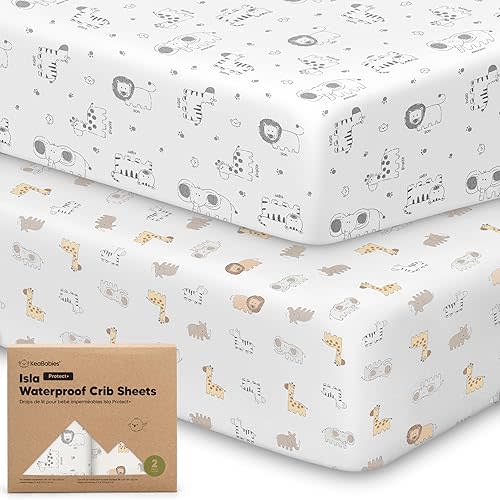 2-Pack Waterproof Baby Crib Sheets for Boys, Girls - Viscose Derived from Bamboo Toddler Bed Sheet Neutral, Fitted Crib Mattress Protector Cover for Baby Bedding, Soft & Gentle (KeaSafari)