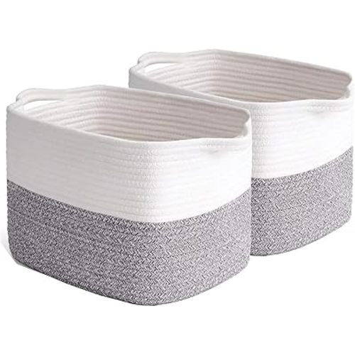 2 Pack Woven Rope Basket with Handles, 15''X10''X9'' Storage Bins Basket, Basket for gifts, Basket for Living Room, Storage Organizer for Towels, Closets, Books, Toys, Grey/White.