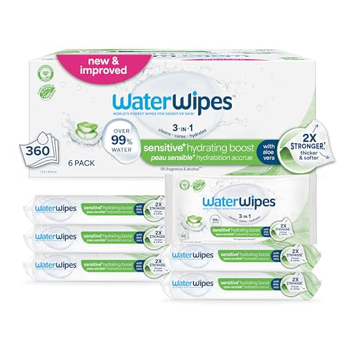 WaterWipes Sensitive+ Hydrating Boost Wipes, 3-In-1 Cleans, Cares, Hydrates, 99% Water with Aloe Vera, Unscented & Hypoallergenic Baby Wipes, 360 Count (6 Packs)