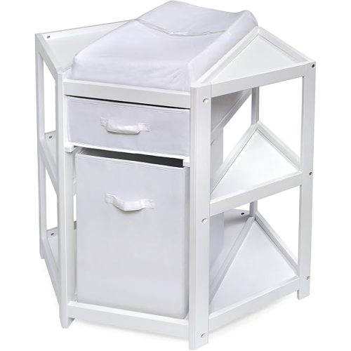 Badger Basket Corner Baby Changing Table - Space-Saving Diaper Changing Station for Nursery with Storage Bin, Changing Pad and Safety Belt - Organizer for Newborn and Infant Essentials - White