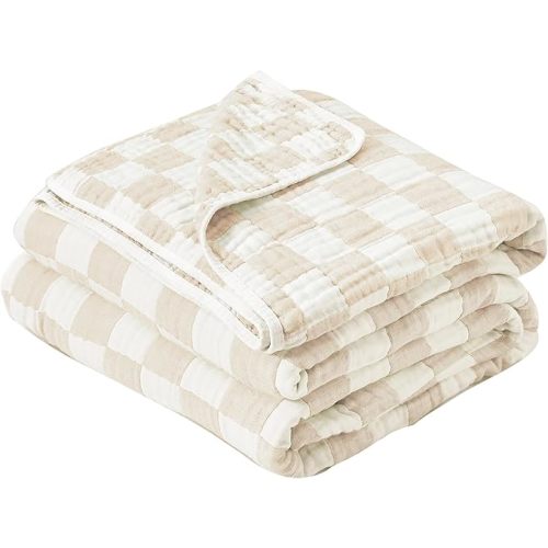 Ultra Soft Cozy 100% Cotton 6-Layer Muslin Baby Blanket 41"x41" Breathable Lightweight Checkered Swaddle Blankets for Baby Toddlers Boys Essentials Girls Birthaday Gifts All Seasons Cream