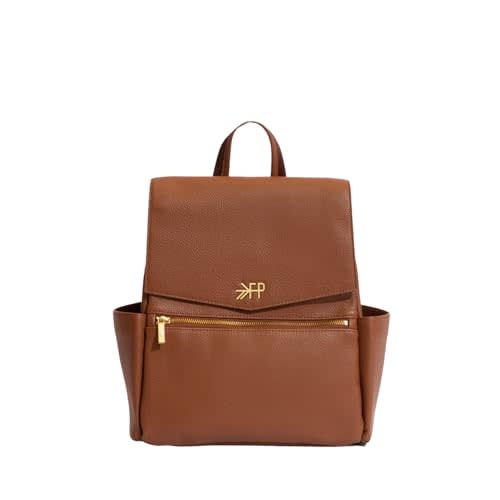 Freshly Picked Mini Classic Diaper Bag Backpack, Wipeable Vegan Leather, 8 Pockets Total (Cognac)