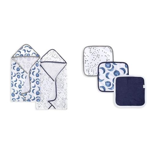 Burt's Bees Baby - Hooded Towels, Absorbent Knit Terry, Super Soft Single Ply, 100% Organic Cotton (Hello Moon!, 2-Pack) & Washcloths, Absorbent Knit Terry, Super Soft 100% Organic Cotton