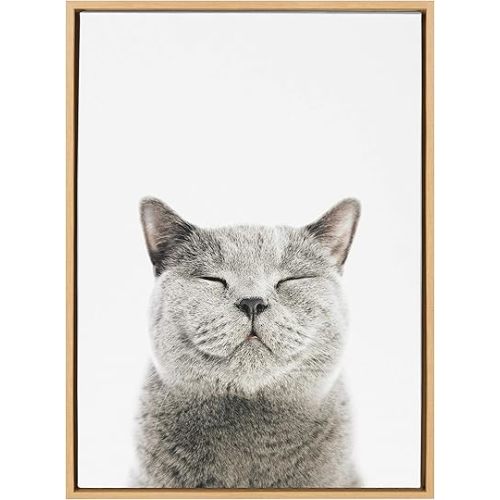 Kate and Laurel Sylvie Smiling Cat Framed Canvas Wall Art by Amy Peterson, 18x24 Natural, Adorable Animal Wall Decor