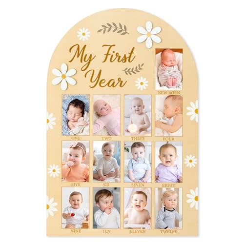 R HORSE My First Year Photo Display Wood Board, 3D Daisy Baby's First Year Picture Frame 12 Months Milestone Board Neutral Baby Keepsake Birthday Nursery Decor Gift for Boy Girl