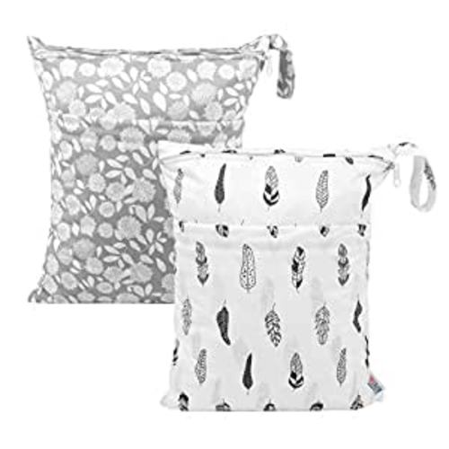 ALVABABY 2pcs Cloth Diaper Wet Dry Bags Waterproof Reusable with Two Zippered Pockets Travel Beach Pool Daycare Soiled Baby Items Yoga Gym Bag for Swimsuits or Wet Clothes LZ0506