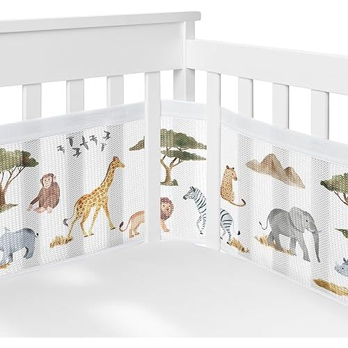 Sweet Jojo Designs + BreathableBaby Jungle Animals Boy Girl Gender Neutral Breathable Mesh Crib Liner Baby Infant Green Yellow Black White Boho Safari Animal Elephant Lion Leopard Cheetah