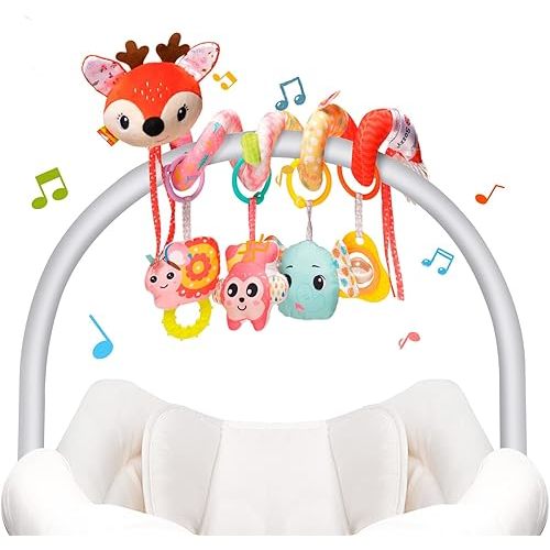 Car Seat Toys, Cute Deer Car Seat Toys for Babies 0-6 Months Boy, Stroller Toys with Crinkle, Teether, Music Box, Rattle, BB Squeaker for 0 3 6 9 12 Months Babies Infant Boys Girls Gifts (Cute Deer)