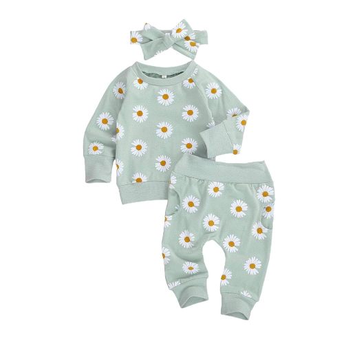 3Pcs Baby Girl Outfits Daisy Sweatshirt + Pants + Headband Infant Fall Winter Clothes