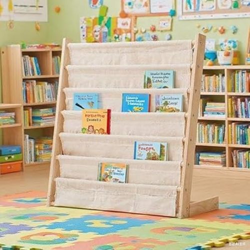 Wooden Bookshelf 6-Tier Natural Pine Book Rack with Canvas Storage Bins for Organizing Books & Toys Ideal for Classroom & Playrooms,Bedroom