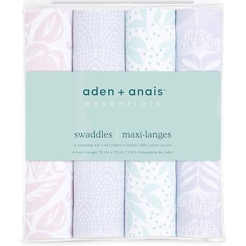 aden + anais Essentials Swaddle Blanket, Muslin Blankets for Girls & Boys, Baby Receiving Swaddles, Newborn Gifts, Infant Shower Items, Toddler Gift, Wearable Swaddling Set, 4 Pack, Damsel