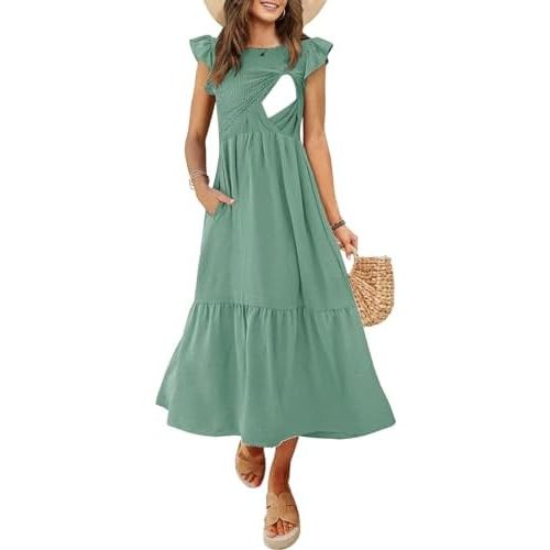 Women's Nursing Dress Flutter Short Sleeve Crew Neck Smocked Elastic Waist Tiered Midi with Pockets