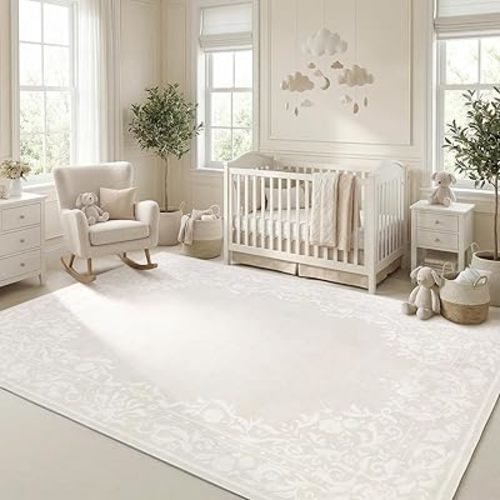 Garvee Rugs for Girls Bedroom Washable 5x7 Area Rug for Nursery Room, Non Slip Soft Low-Pile French Retro Floral Accent Throw Carpet for College Dorm Decor Kids Room Playroom, Beige