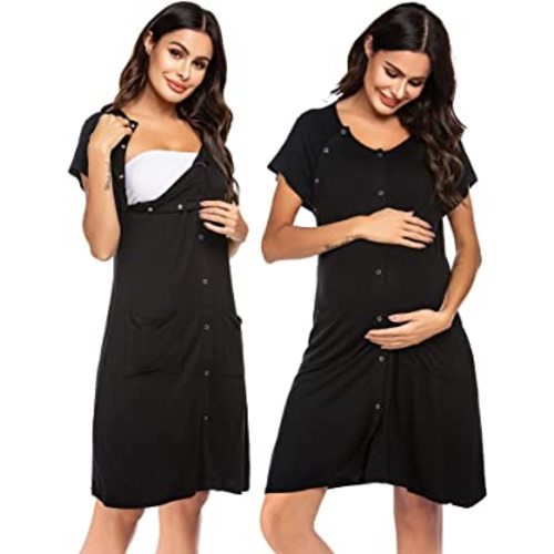 Ekouaer 3 in 1 Nursing Dress Maternity Nightgown Labor/Delivery Breastfeeding Birthing Gown with Button