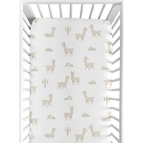 Sweet Jojo Designs Boho Llama Boy Girl Fitted Crib Sheet Baby or Toddler Bed Nursery - Gender Neutral Beige Taupe Tan White Bohemian Southwest Aztec Watercolor Mountain Cactus Alpaca Farmhouse Animal