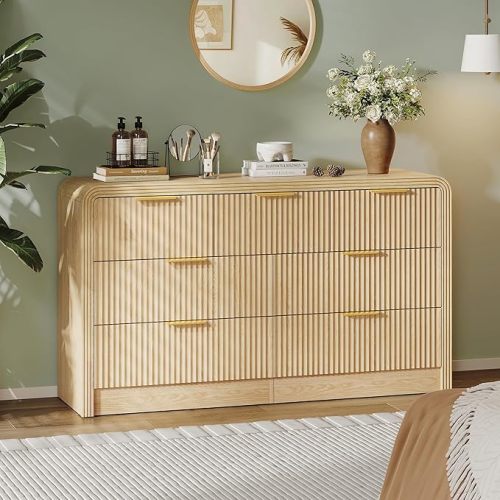 Fluted Drawers Dresser for Bedroom, Wood Dressers with Gold Handles, Modern Dressers with Wave Texture, Large Storage Chest of Drawers, Bedroom Dresser Organizer 55'' & 7 Drawers (Natural Oak)