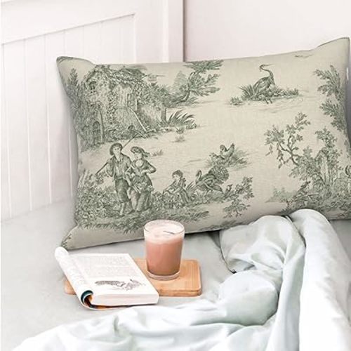 Toile Pillow Covers,French Country Decor,Spring Pillow Cover,Green Lumbar Pillow,Decorative Pillows for Bed,Vintage Throw Pillows,Lumbar Pillow Cover 12 * 20 in