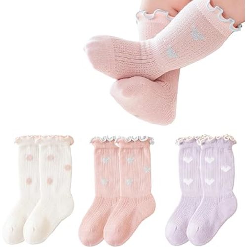 Baby Knee High Socks Non Slip Grip Ankle Socks Ruffled Long Stockings for Infants Toddlers Kids Boys Girls