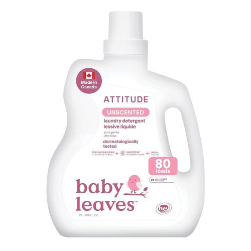 ATTITUDE Baby Laundry Detergent Liquid, Made in Canada, EWG Verified, Safe for Baby Clothes, Infant and Newborn, Vegan and Naturally Derived Washing Soap, HE Compatible, Unscented, 80 Loads, 2 Liters