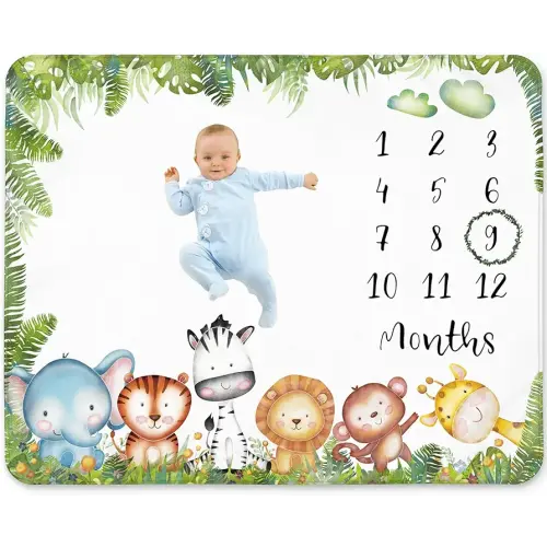 Baby Monthly Milestone Blanket Boy, Woodlands Baby Milestone Blanket for Baby Boy Includes Wreath, Monthly Baby Milestone Safari Animals Theme, 50x40