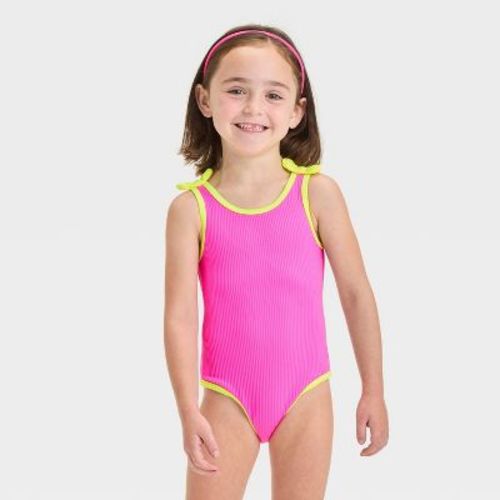 Toddler Girls' Solid Ribbed Value One Piece Swimsuit With Bow - Cat & Jack™ Aqua Green 4T: UPF 50+, Elastic Leg Openings