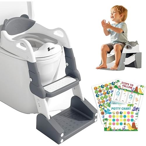 3-in-1 Potty Training Toilet, Toddler Toilet Seat with Step Stool, Foldable Potty Ladder with Potty Chart, PU Cushion, Splash Guard, Anti-Slip Steps & Urinal for Kids Boys & Girls, Grey