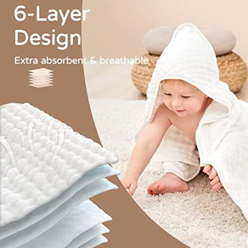 Yoofoss Baby Bath Towel 100% Muslin Cotton Hooded Baby Towels Large 32x32Inch Soft and Absorbent for Babies, Infant and Toddler, Newborn Essential for Boys Girls (White)