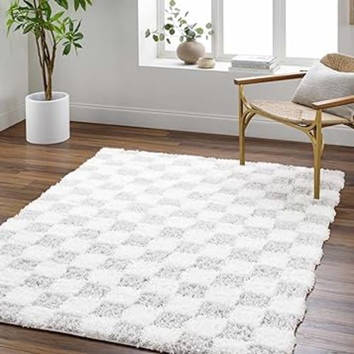 Hauteloom Atira Checkered Shag Area Rug - Checkboard Design - High Pile Fluffy Shaggy Touch - Square Tiles - Kids Room, Nursery, Living Room Shaggy Carpet - Gray, Cream, White - 5'3" x 7'3"